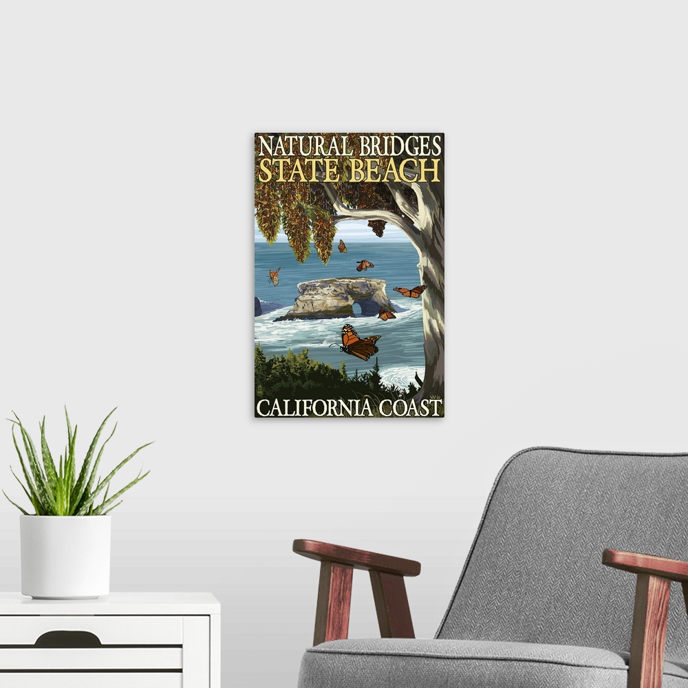 A modern room featuring Natural Bridges State Beach, California Coast: Retro Travel Poster