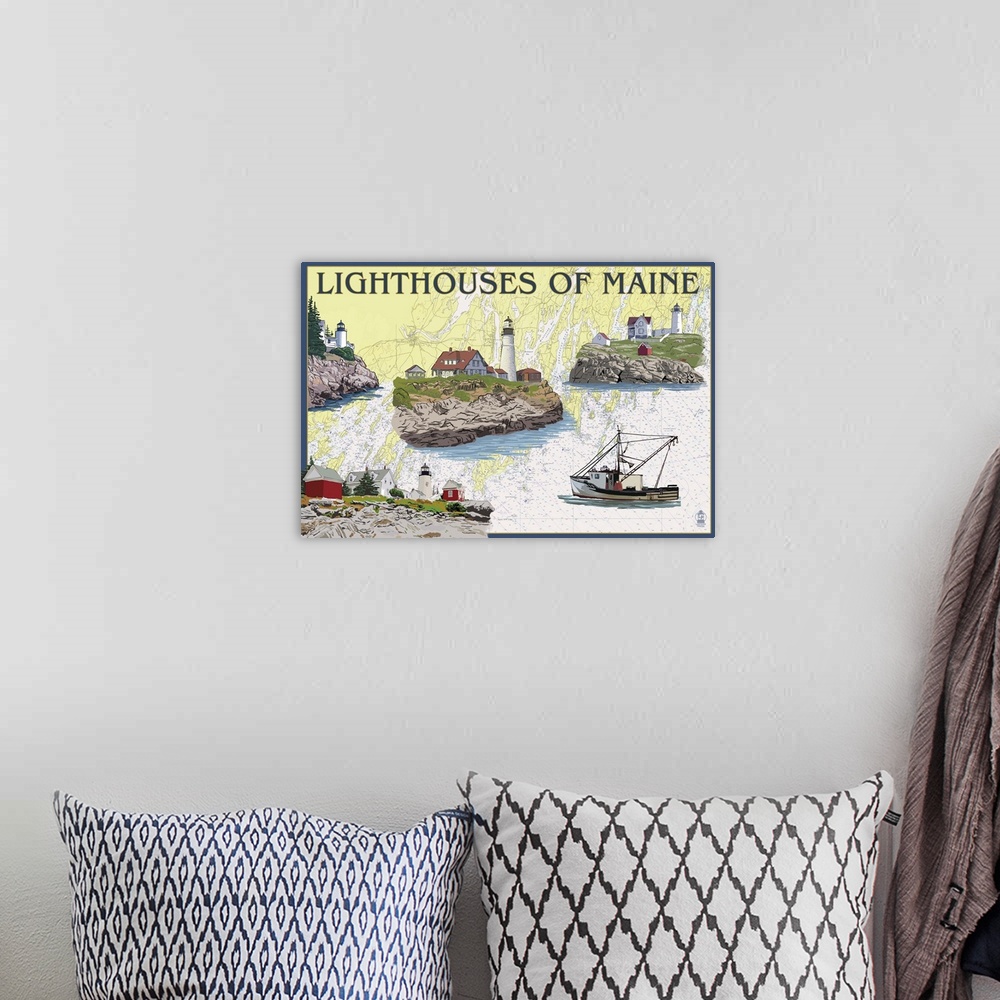 A bohemian room featuring Nautical Chart, Lighthouses of Maine