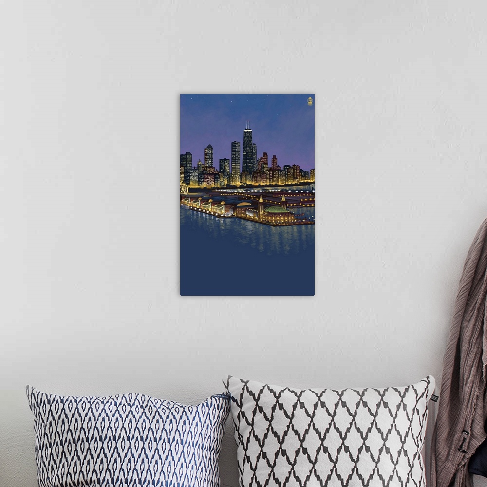 A bohemian room featuring Navy Pier and Chicago Skyline - No Text: Retro Poster Art