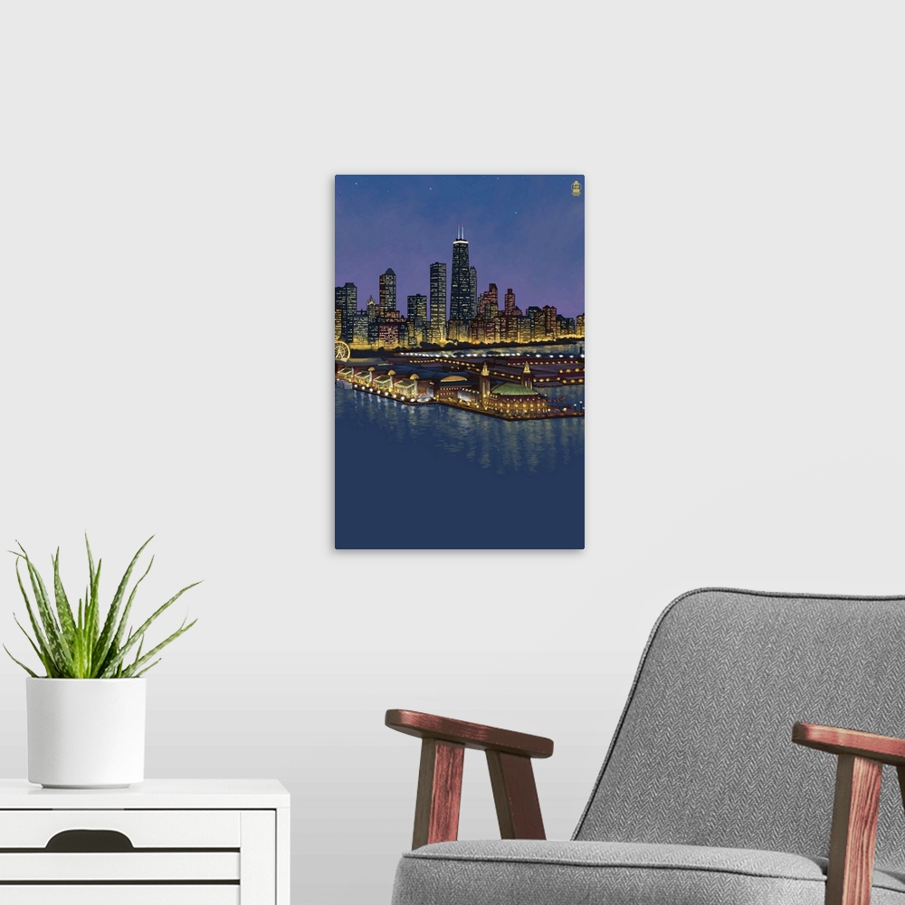 A modern room featuring Navy Pier and Chicago Skyline - No Text: Retro Poster Art