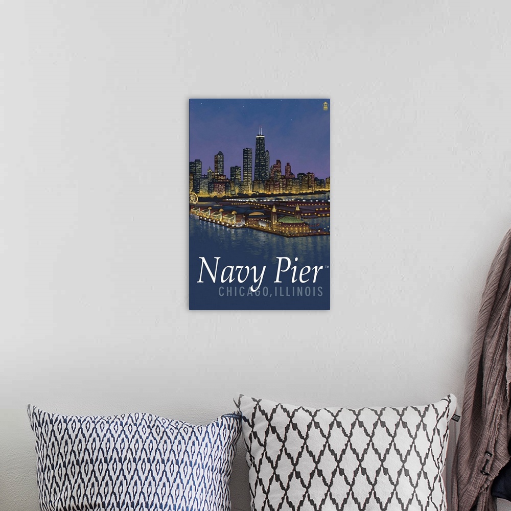A bohemian room featuring Navy Pier and Chicago Skyline: Retro Travel Poster
