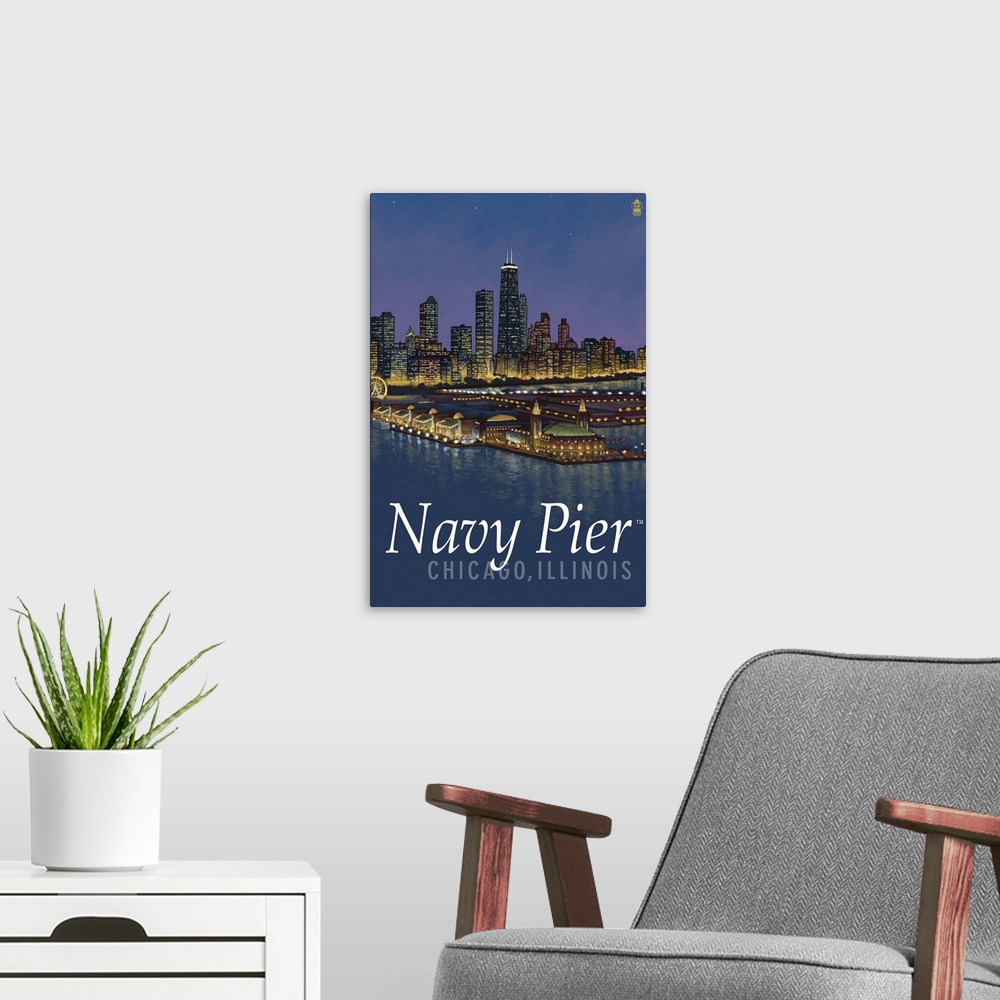 A modern room featuring Navy Pier and Chicago Skyline: Retro Travel Poster