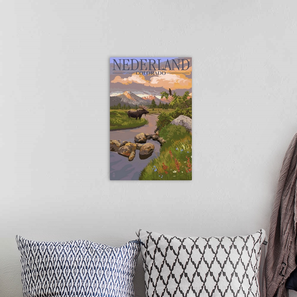 A bohemian room featuring Nederland, Colorado - Moose and Sunset: Retro Travel Poster
