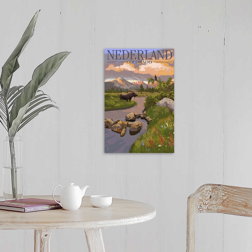 A farmhouse room featuring Nederland, Colorado - Moose and Sunset: Retro Travel Poster