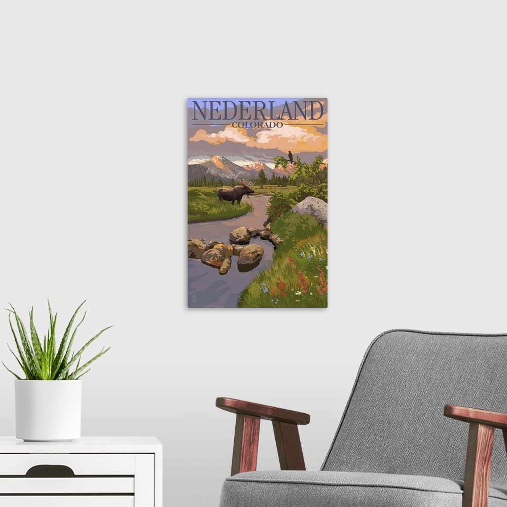 A modern room featuring Nederland, Colorado - Moose and Sunset: Retro Travel Poster
