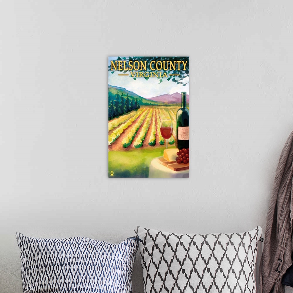 A bohemian room featuring Retro stylized art poster of a glass of red wine with the bottle, and a vineyard in the background.