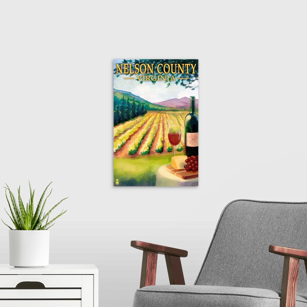 A modern room featuring Retro stylized art poster of a glass of red wine with the bottle, and a vineyard in the background.