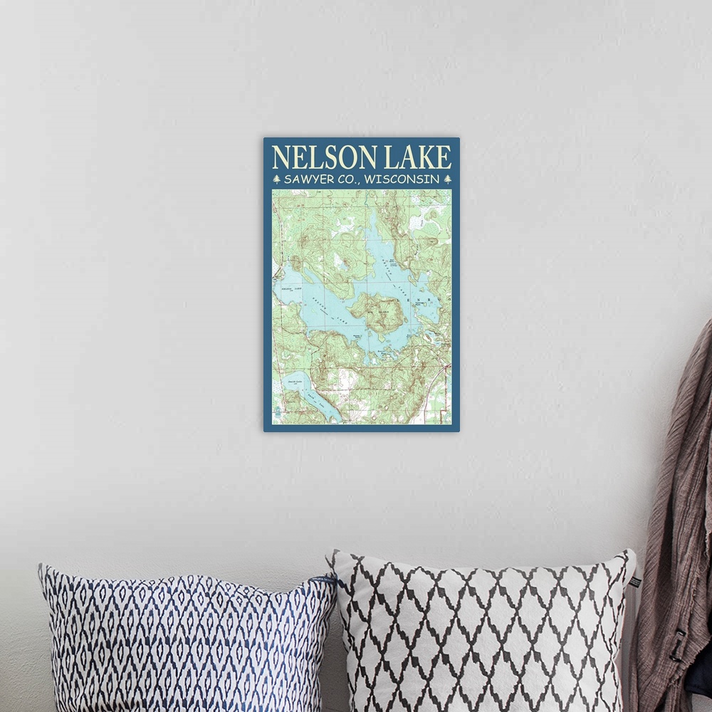A bohemian room featuring Nelson Lake Chart - Sawyer County, Wisconsin: Retro Travel Poster