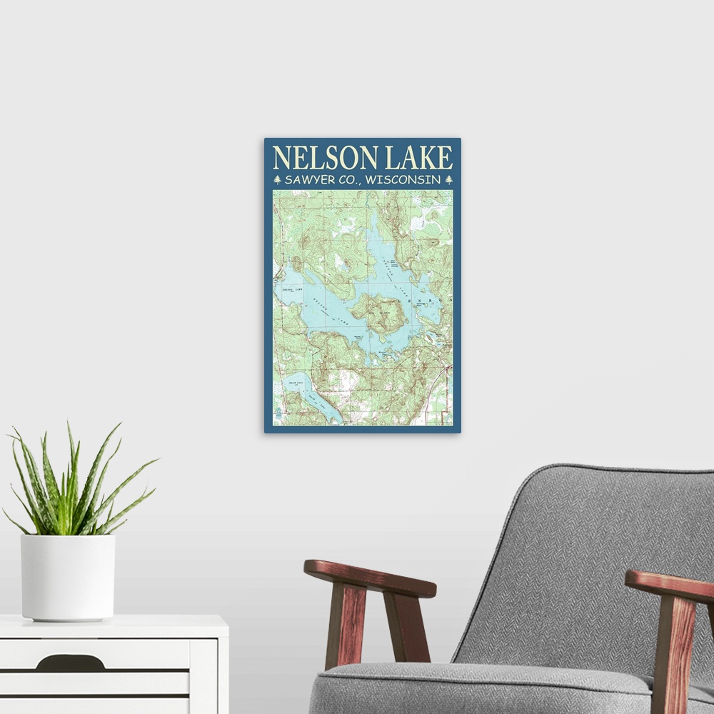 A modern room featuring Nelson Lake Chart - Sawyer County, Wisconsin: Retro Travel Poster