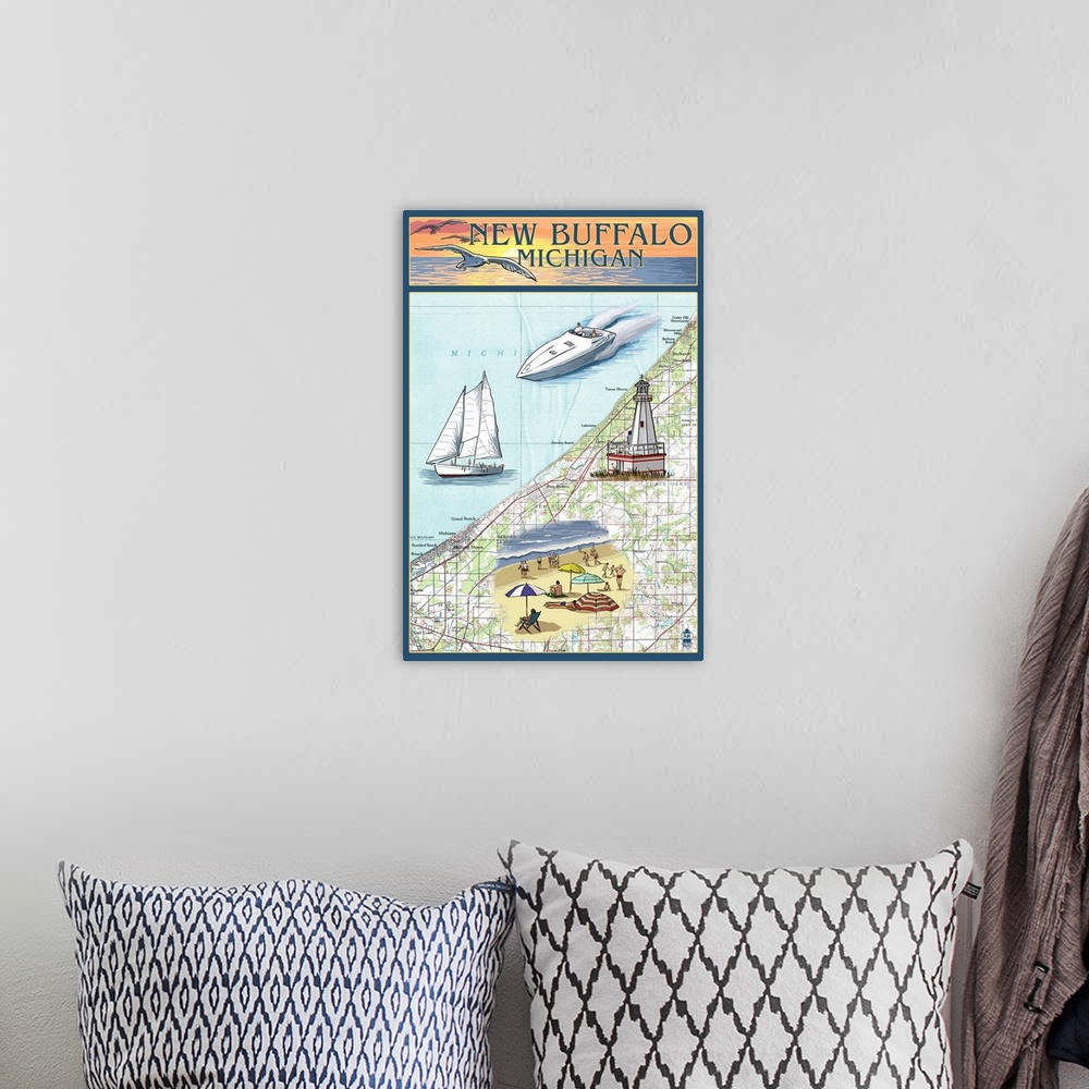 A bohemian room featuring New Buffalo, Michigan - Nautical Chart: Retro Travel Poster