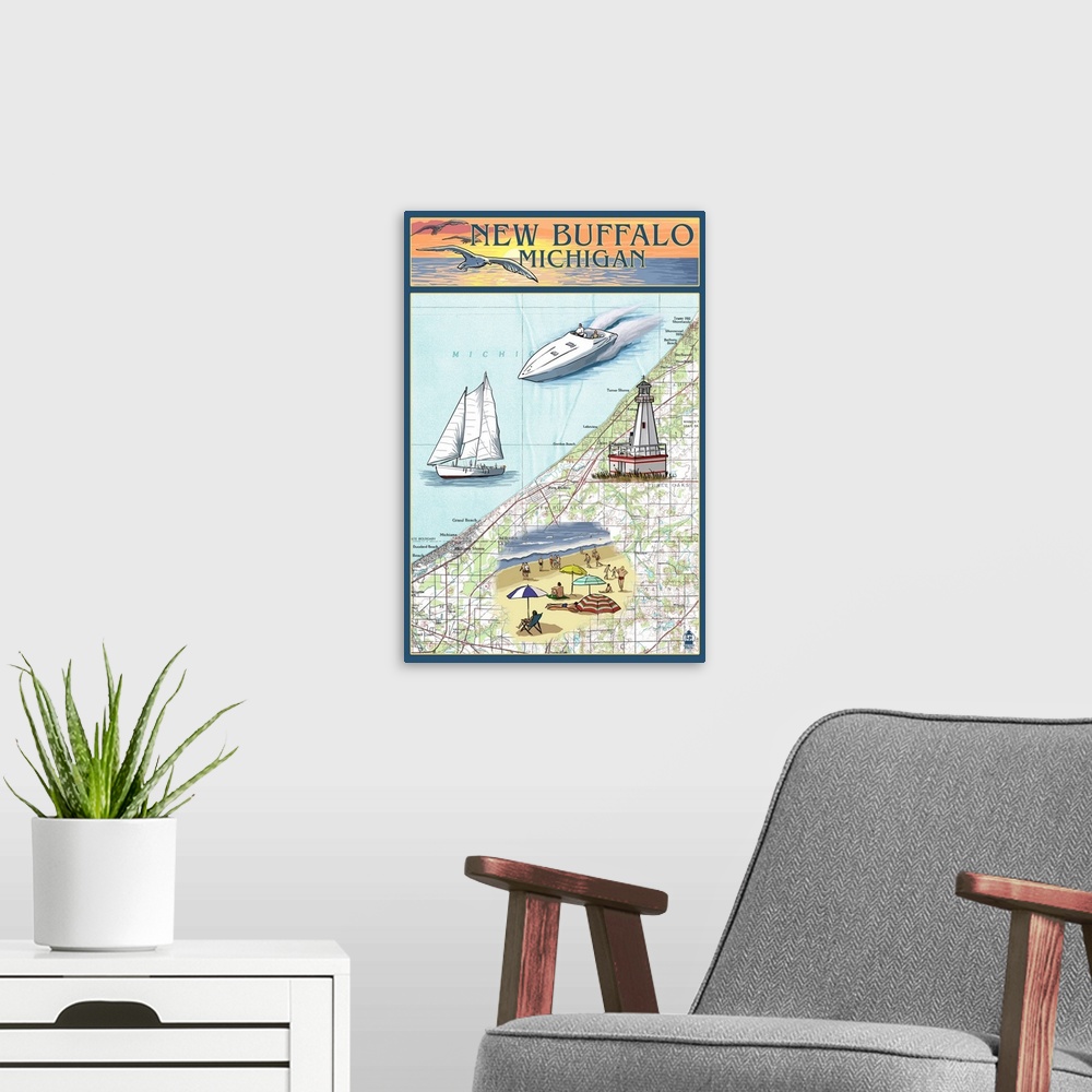 A modern room featuring New Buffalo, Michigan - Nautical Chart: Retro Travel Poster