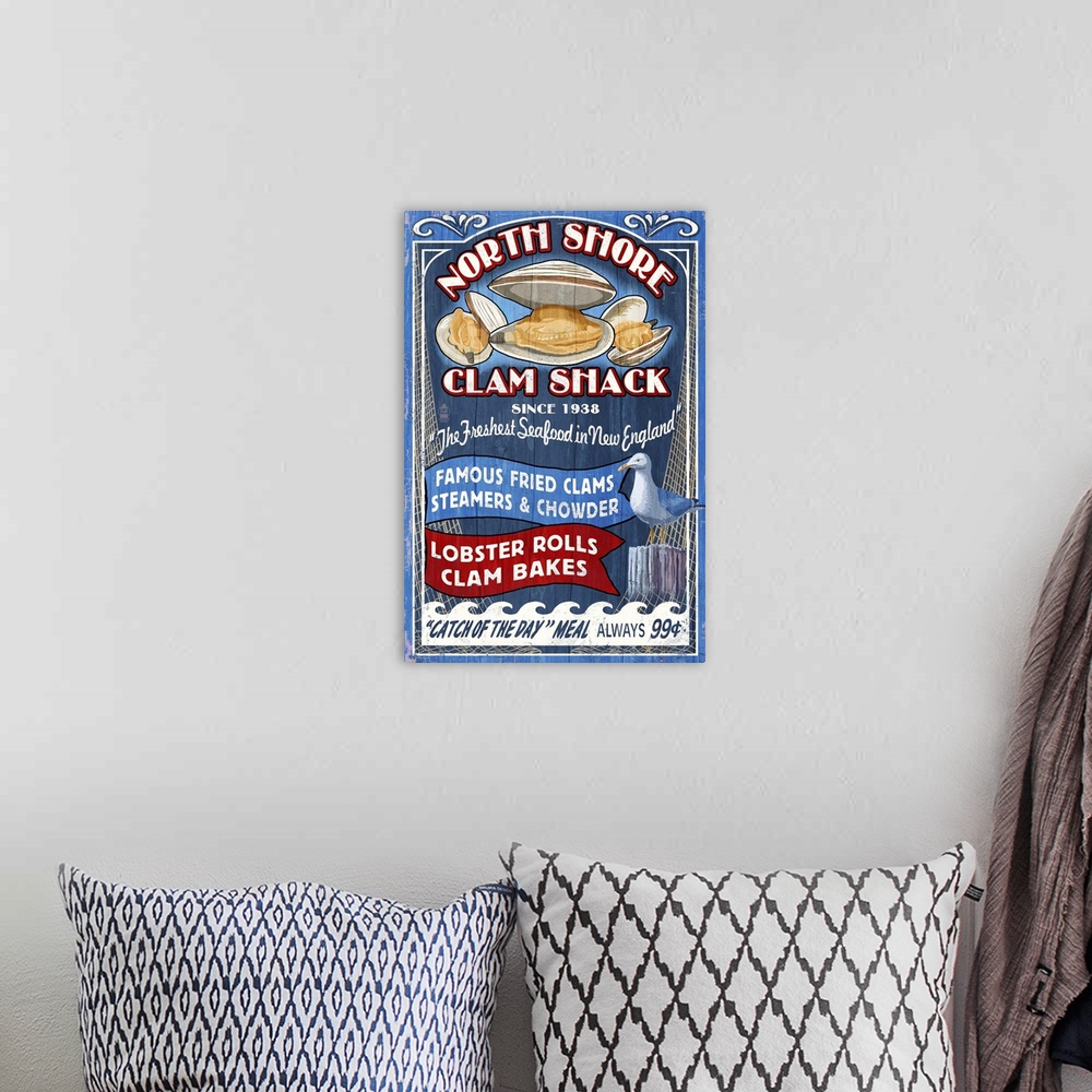 A bohemian room featuring New England - Clam Shack Vintage Sign: Retro Travel Poster
