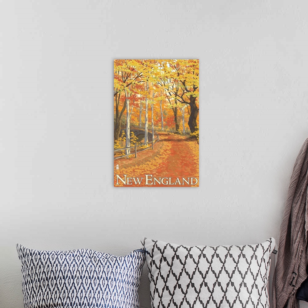 A bohemian room featuring Retro stylized art poster of a leaf covered road cutting through a fall colored forest. With a fe...