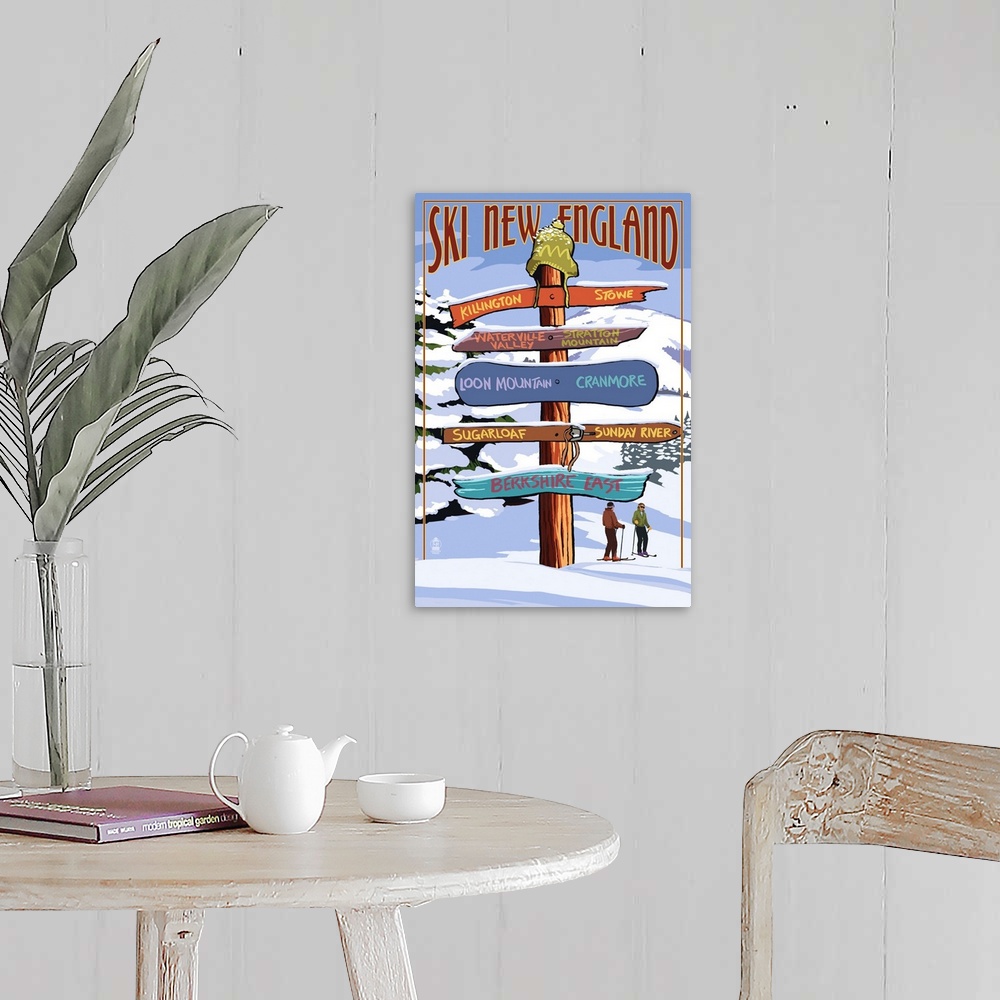 A farmhouse room featuring New England - Ski Areas Sign Destinations: Retro Travel Poster