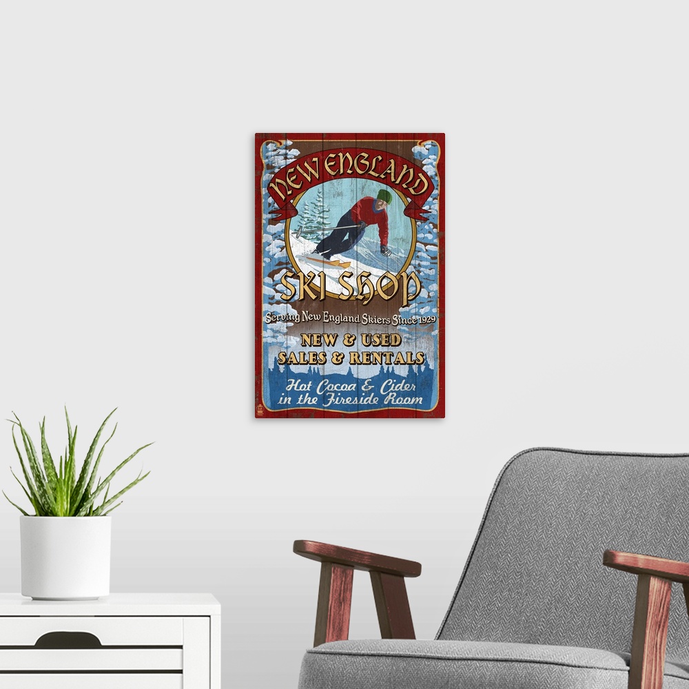 A modern room featuring Retro stylized art poster of a vintage sign of a skier skiing down a hill.