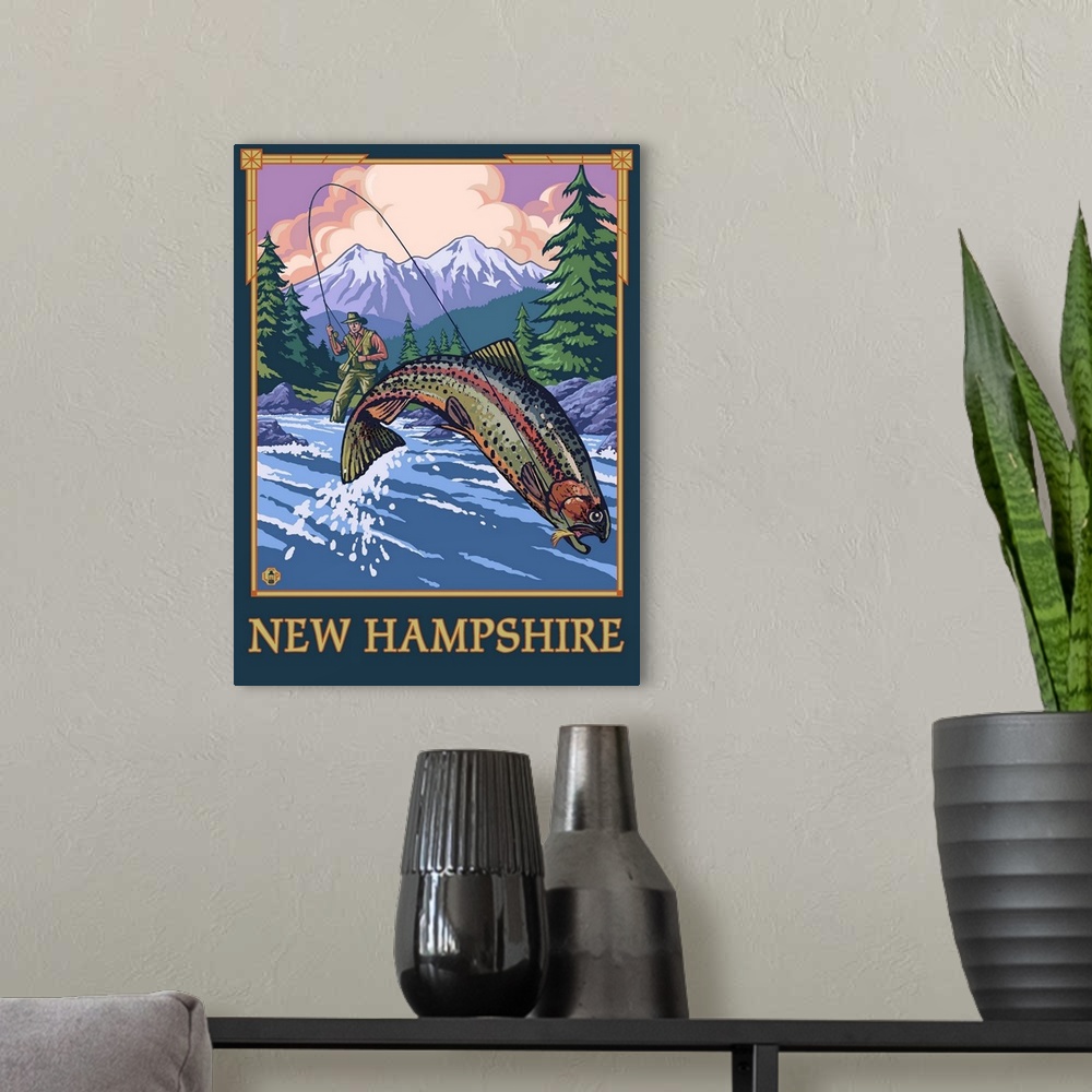 A modern room featuring New Hampshire - Angler Fisherman Scene: Retro Travel Poster