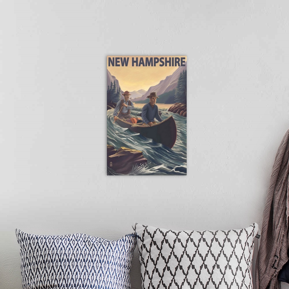 A bohemian room featuring New Hampshire - Canoe on Rapids: Retro Travel Poster
