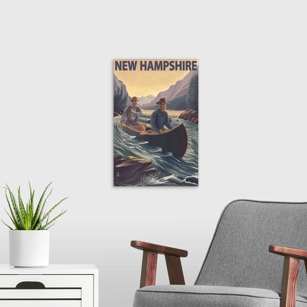 A modern room featuring New Hampshire - Canoe on Rapids: Retro Travel Poster