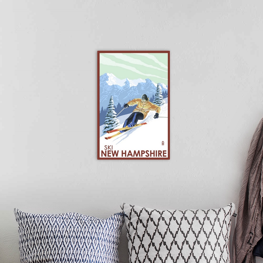 A bohemian room featuring New Hampshire - Downhill Skier: Retro Travel Poster