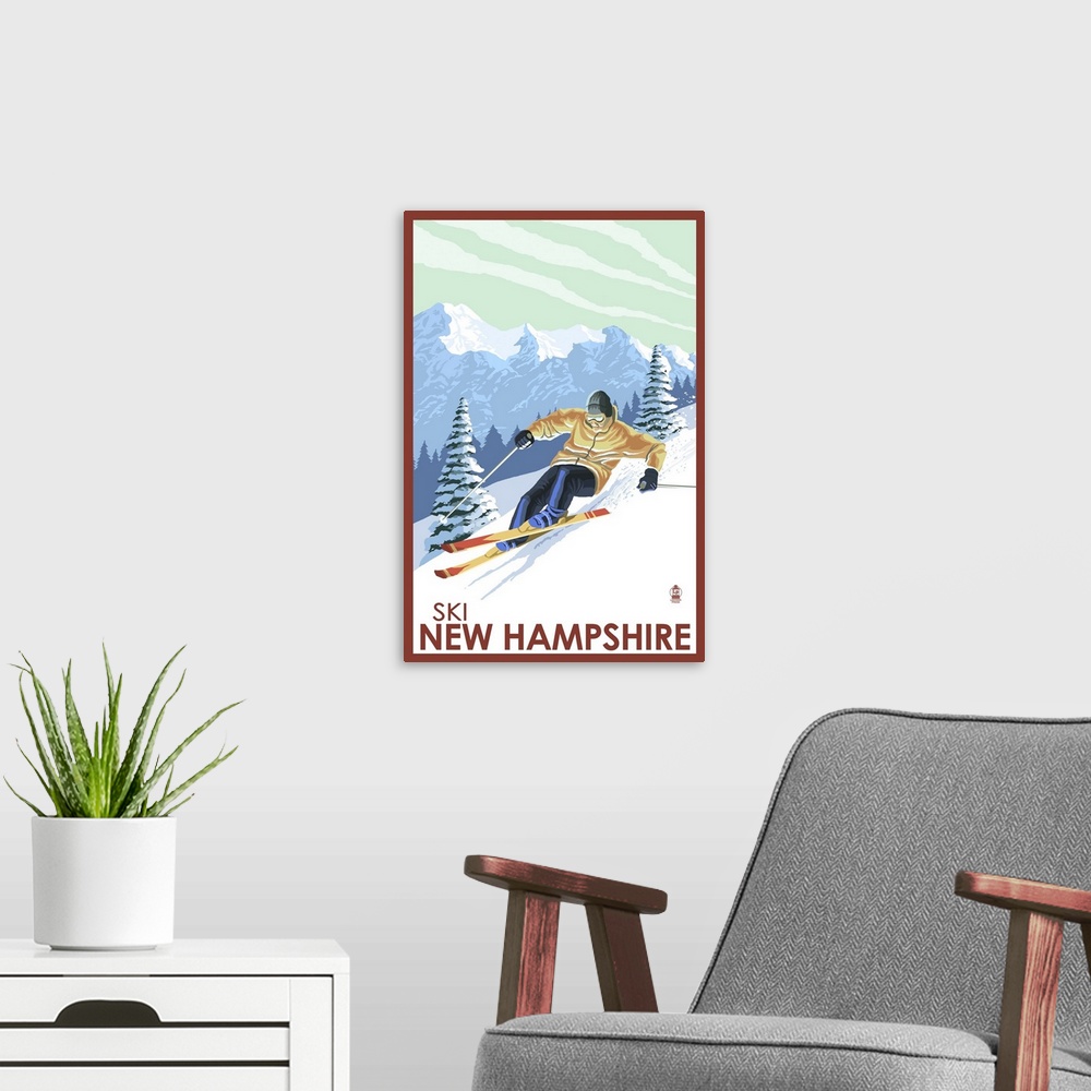 A modern room featuring New Hampshire - Downhill Skier: Retro Travel Poster