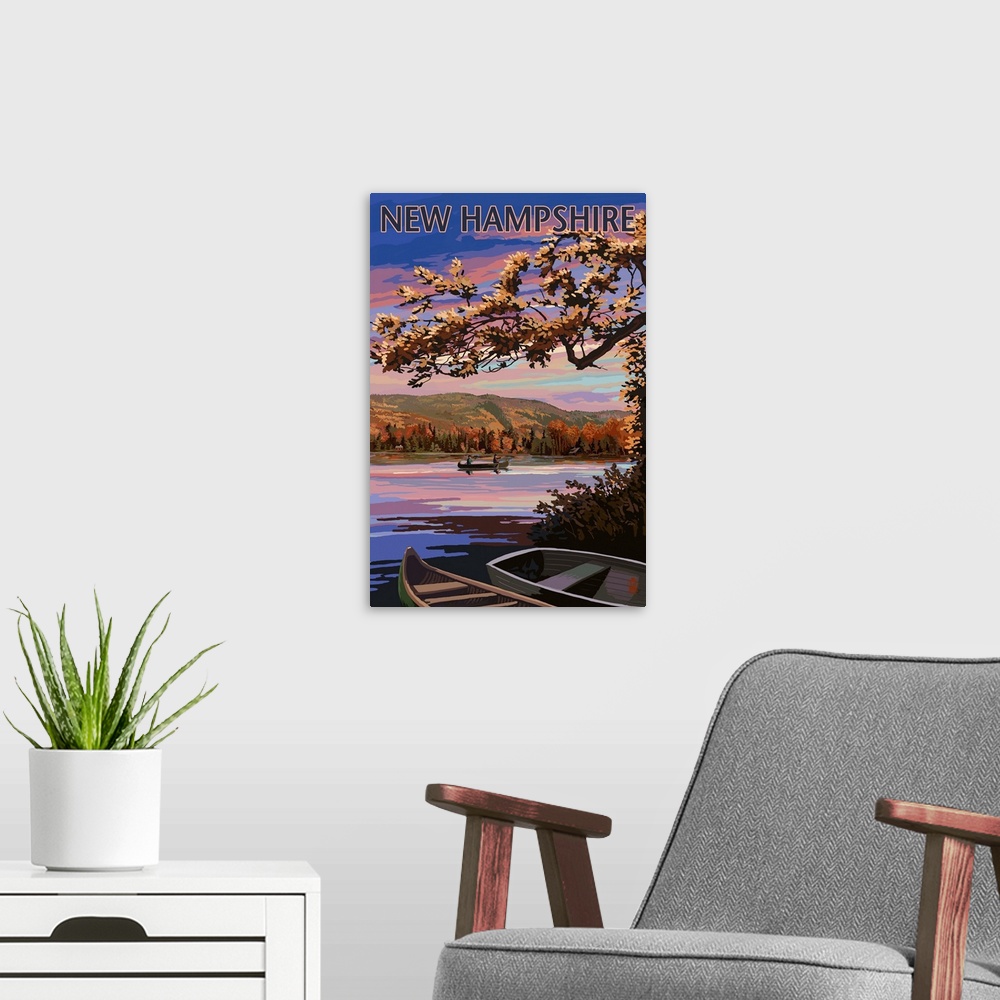 A modern room featuring New Hampshire - Lake at Dusk: Retro Travel Poster