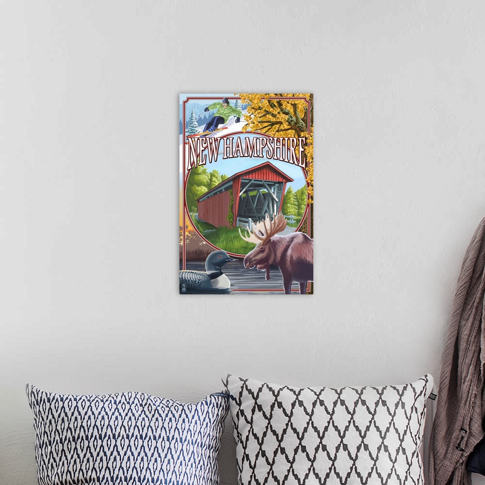 A bohemian room featuring Retro stylized art poster of a covered bridge, with a moose and loons in the bottom corners of th...
