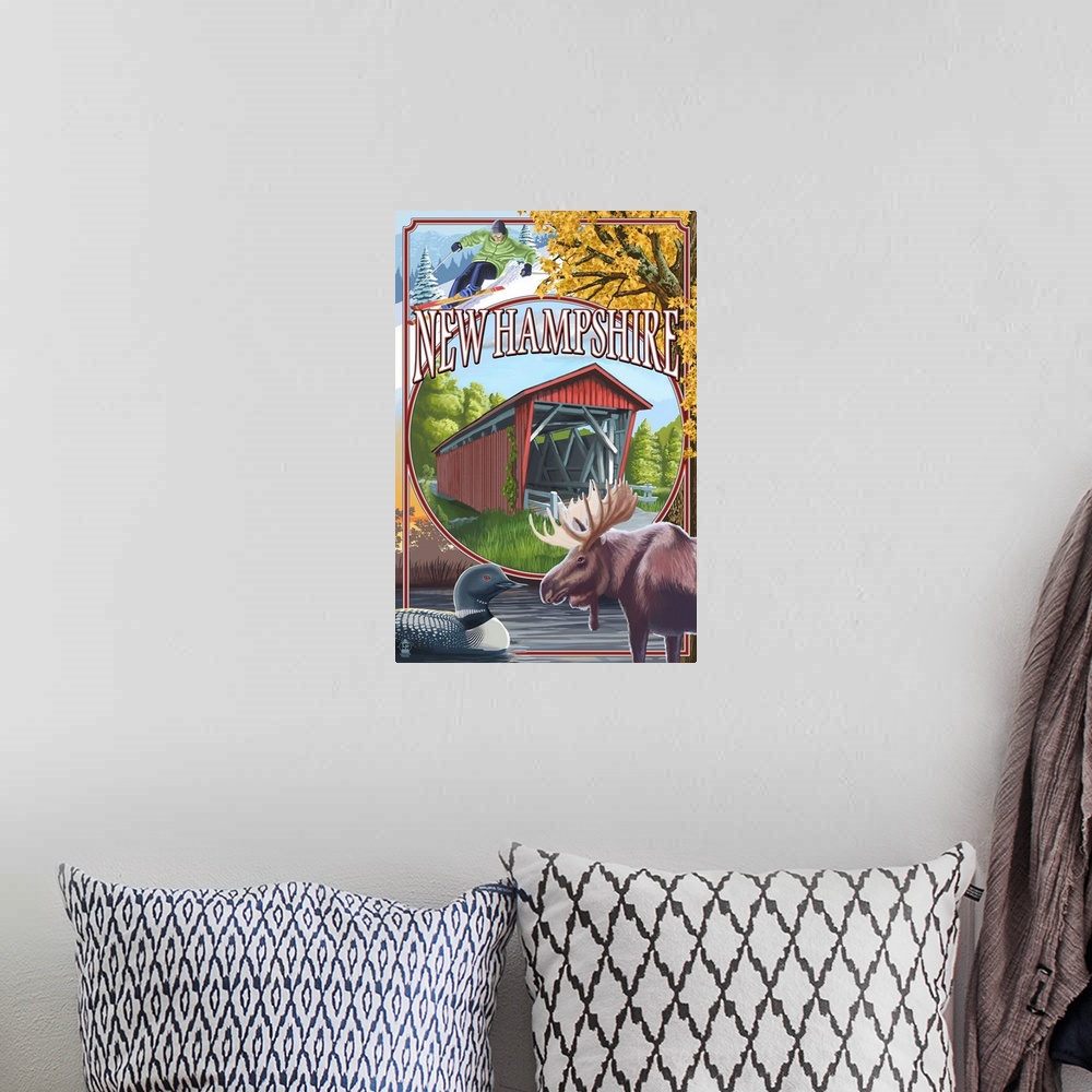 A bohemian room featuring Retro stylized art poster of a covered bridge, with a moose and loons in the bottom corners of th...