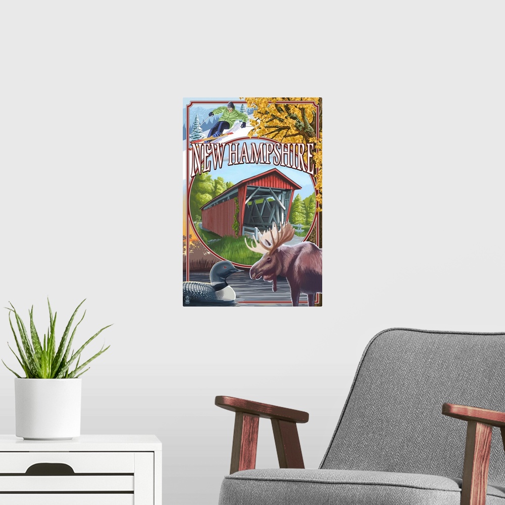 A modern room featuring Retro stylized art poster of a covered bridge, with a moose and loons in the bottom corners of th...