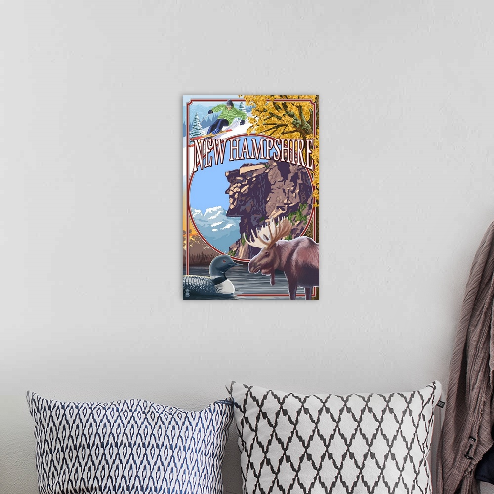 A bohemian room featuring New Hampshire - Montage Scenes w/ Old Man: Retro Travel Poster