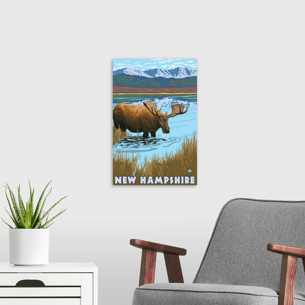 A modern room featuring New Hampshire - Moose Drinking in Lake: Retro Travel Poster