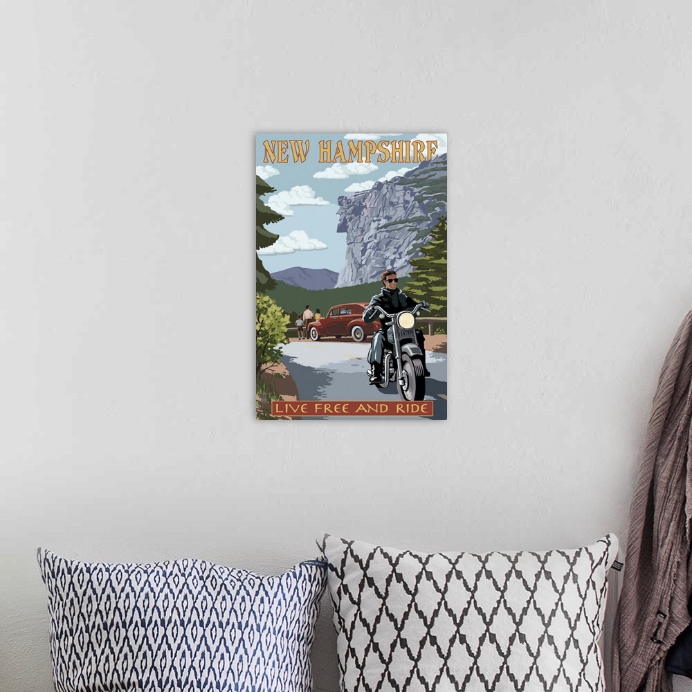A bohemian room featuring New Hampshire - Motorcycle Scene and Old Man of the Mountain: Retro Travel Poster
