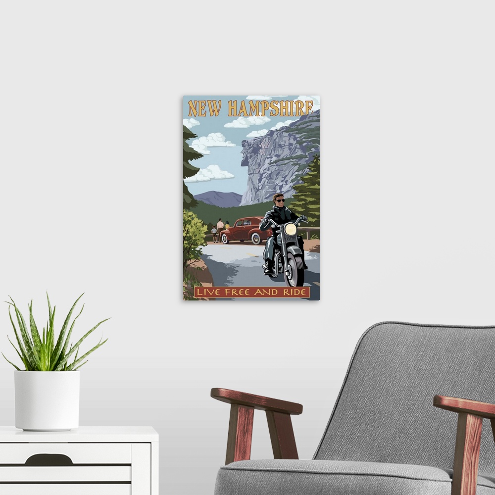 A modern room featuring New Hampshire - Motorcycle Scene and Old Man of the Mountain: Retro Travel Poster