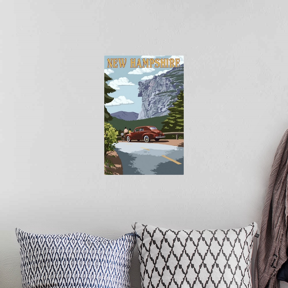 A bohemian room featuring New Hampshire - Old Man of the Mountain and Roadway: Retro Travel Poster