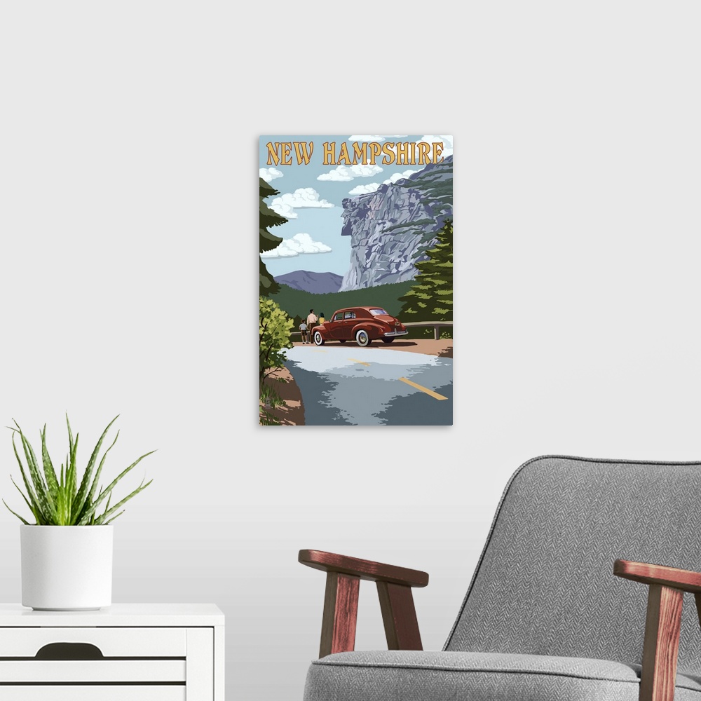 A modern room featuring New Hampshire - Old Man of the Mountain and Roadway: Retro Travel Poster