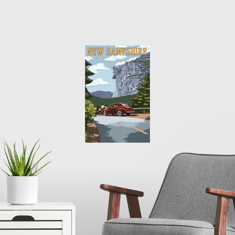 A modern room featuring New Hampshire - Old Man of the Mountain and Roadway: Retro Travel Poster
