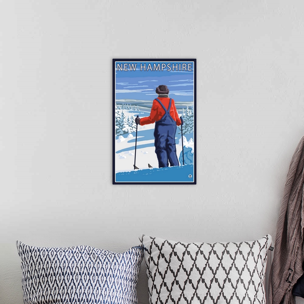 A bohemian room featuring New Hampshire - Skier Admiring View: Retro Travel Poster