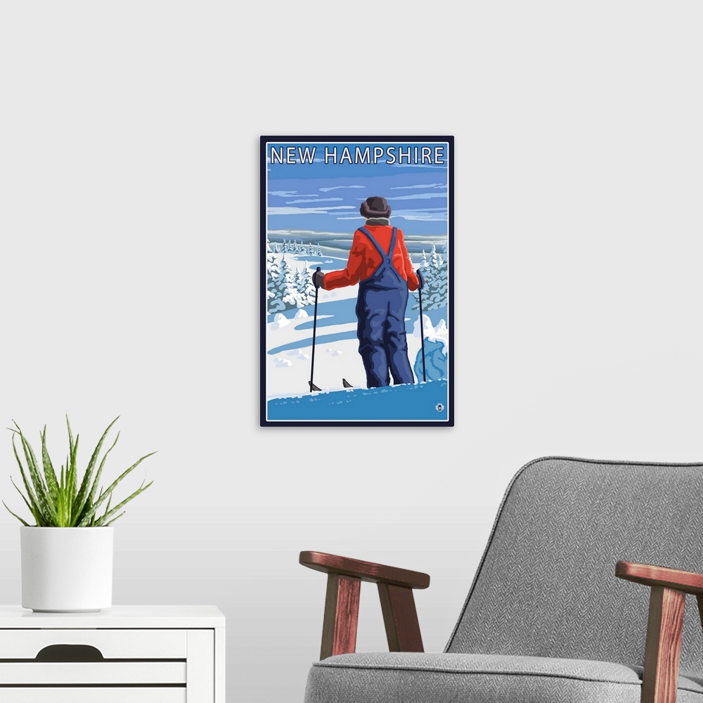 A modern room featuring New Hampshire - Skier Admiring View: Retro Travel Poster