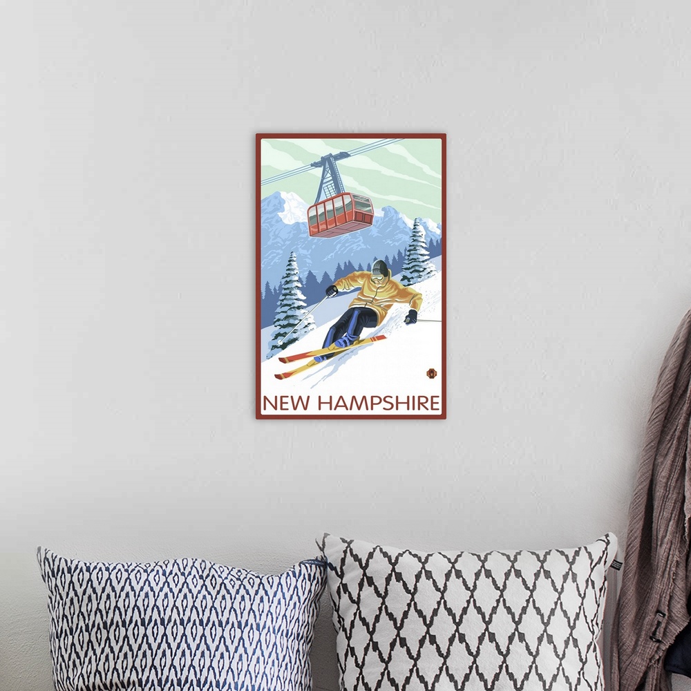 A bohemian room featuring New Hampshire - Skier and Tram: Retro Travel Poster