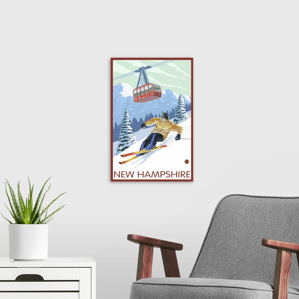 A modern room featuring New Hampshire - Skier and Tram: Retro Travel Poster