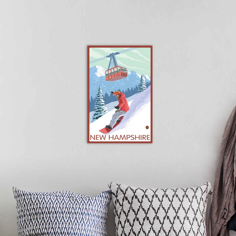 A bohemian room featuring New Hampshire - Snowboarder and Tram: Retro Travel Poster