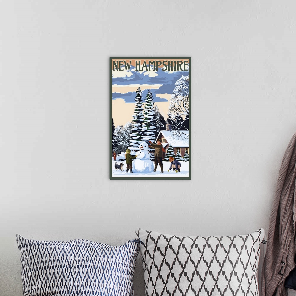 A bohemian room featuring New Hampshire - Snowman Scene: Retro Travel Poster