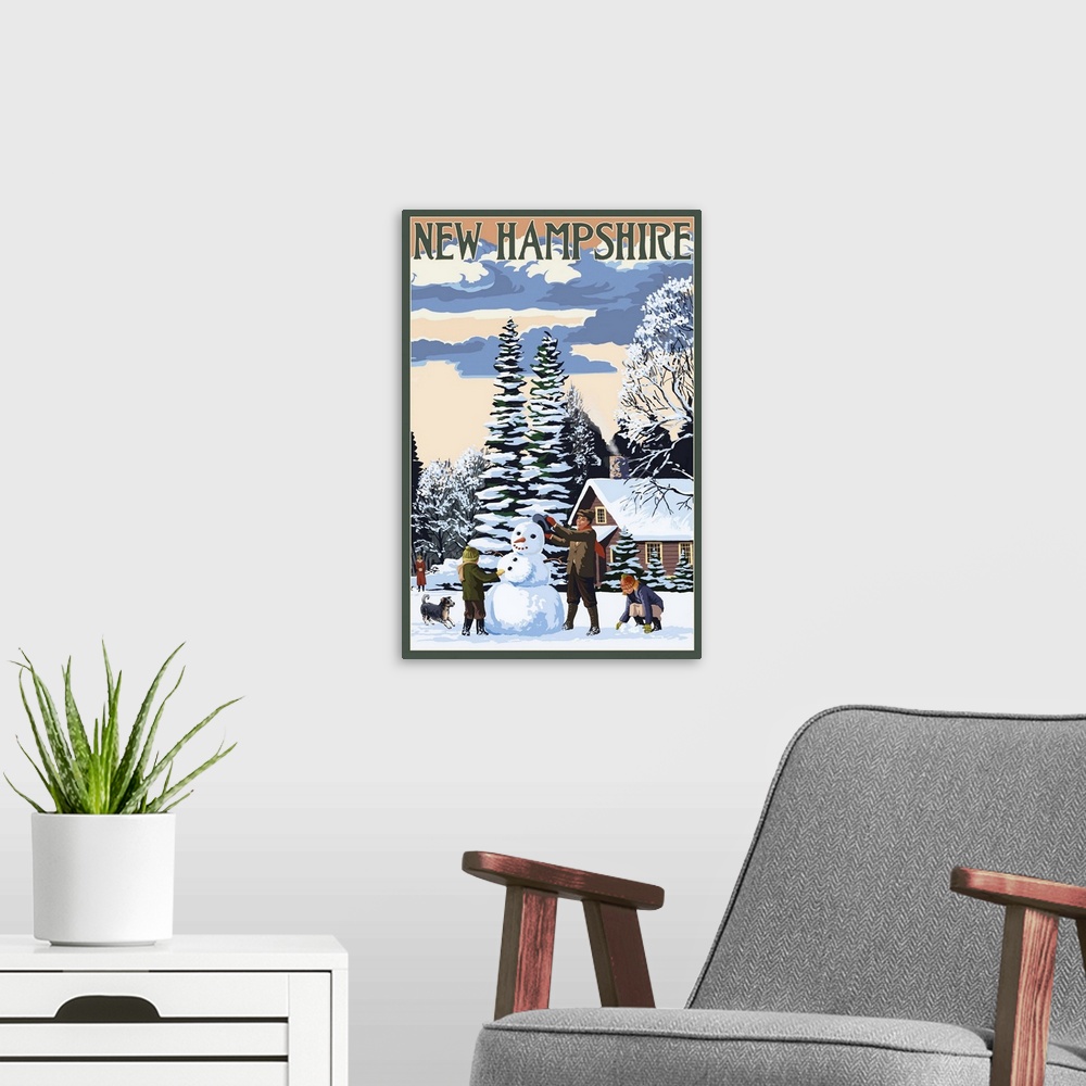 A modern room featuring New Hampshire - Snowman Scene: Retro Travel Poster