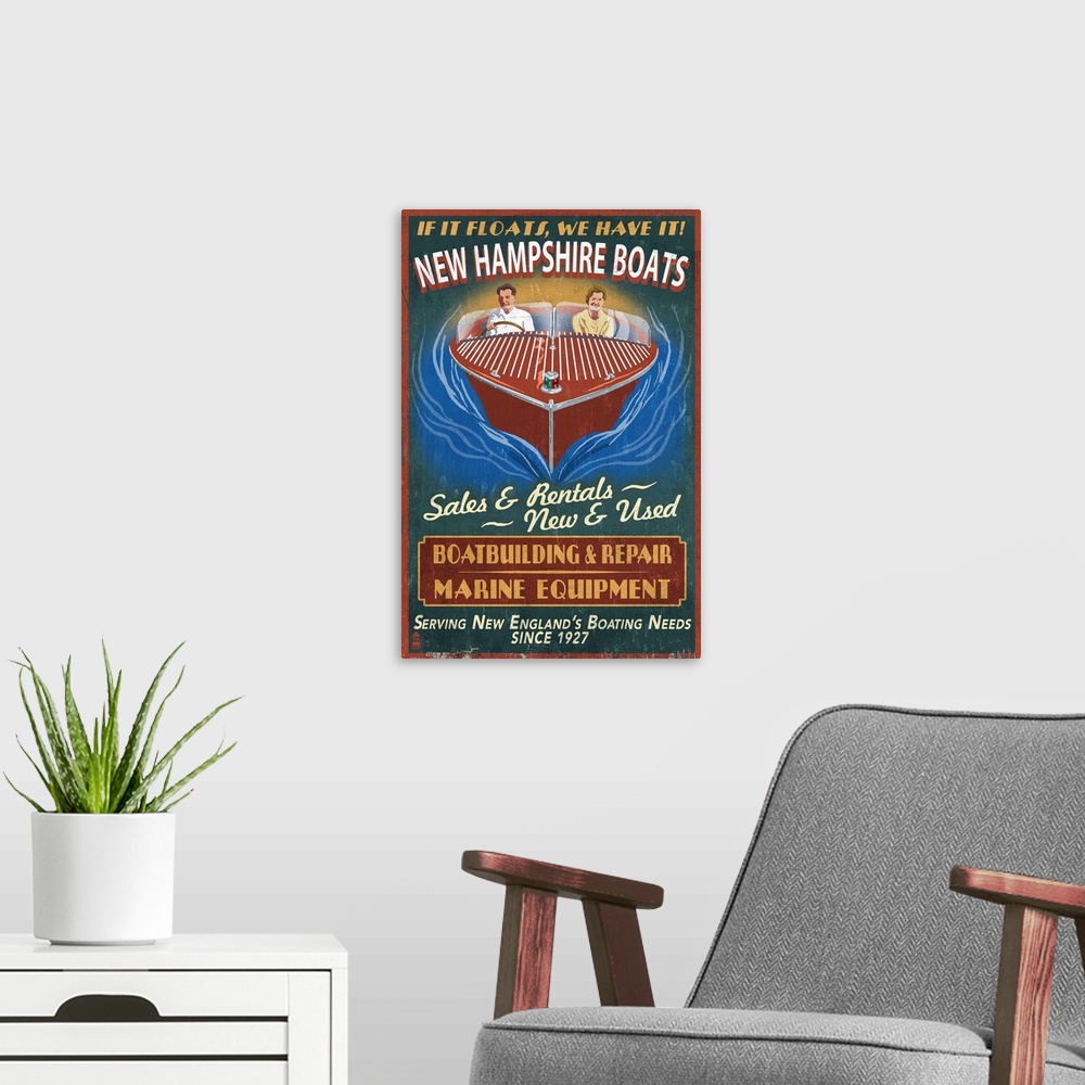 A modern room featuring Retro stylized art poster of  a happy couple driving a wooden speed boat.