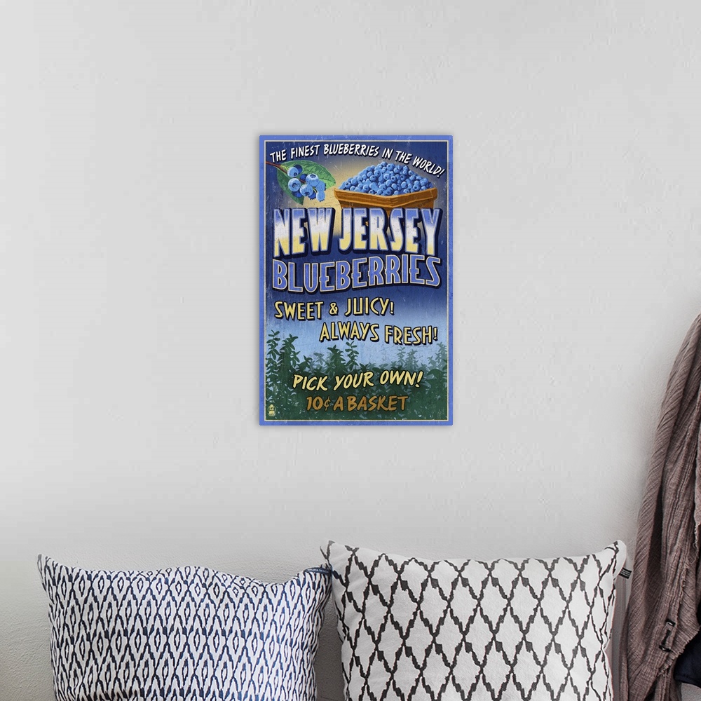 A bohemian room featuring New Jersey - Blueberry Farm Vintage Sign: Retro Travel Poster