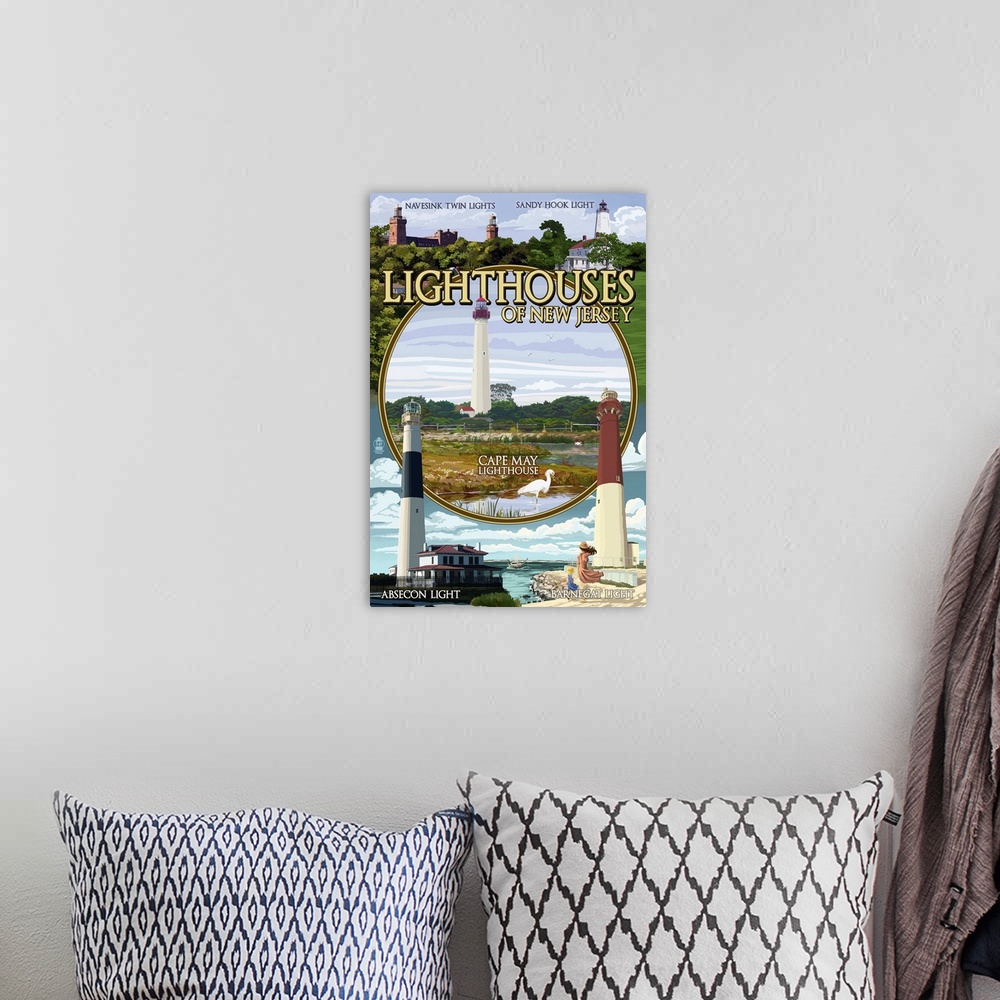 A bohemian room featuring New Jersey - Lighthouse Montage Scenes: Retro Travel Poster