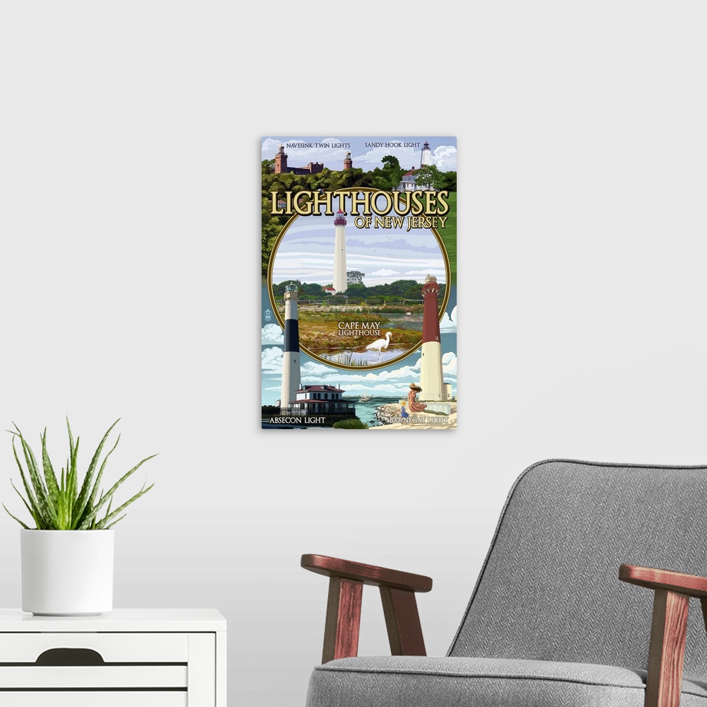 A modern room featuring New Jersey - Lighthouse Montage Scenes: Retro Travel Poster