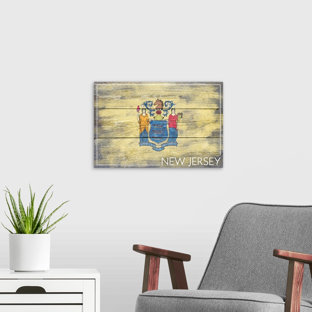 A modern room featuring New Jersey State Flag, Barnwood Painting