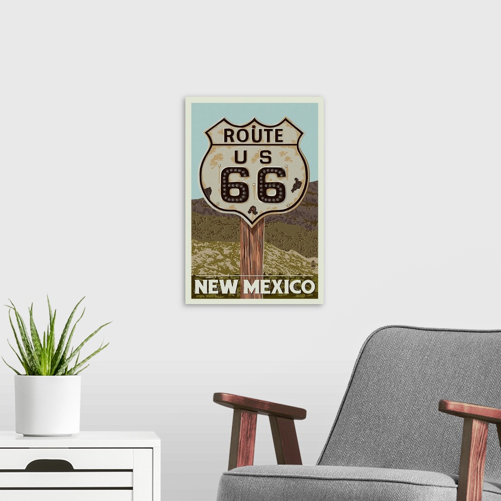 A modern room featuring New Mexico, Route 66 Letterpress