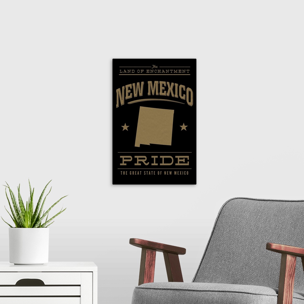 A modern room featuring The New Mexico state outline on black with gold text.