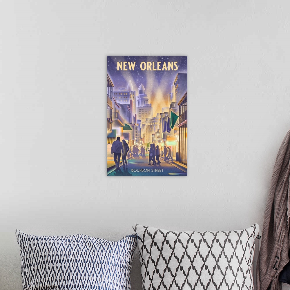 A bohemian room featuring New Orleans, Louisiana - Lithograph - City Series - Bourbon Street